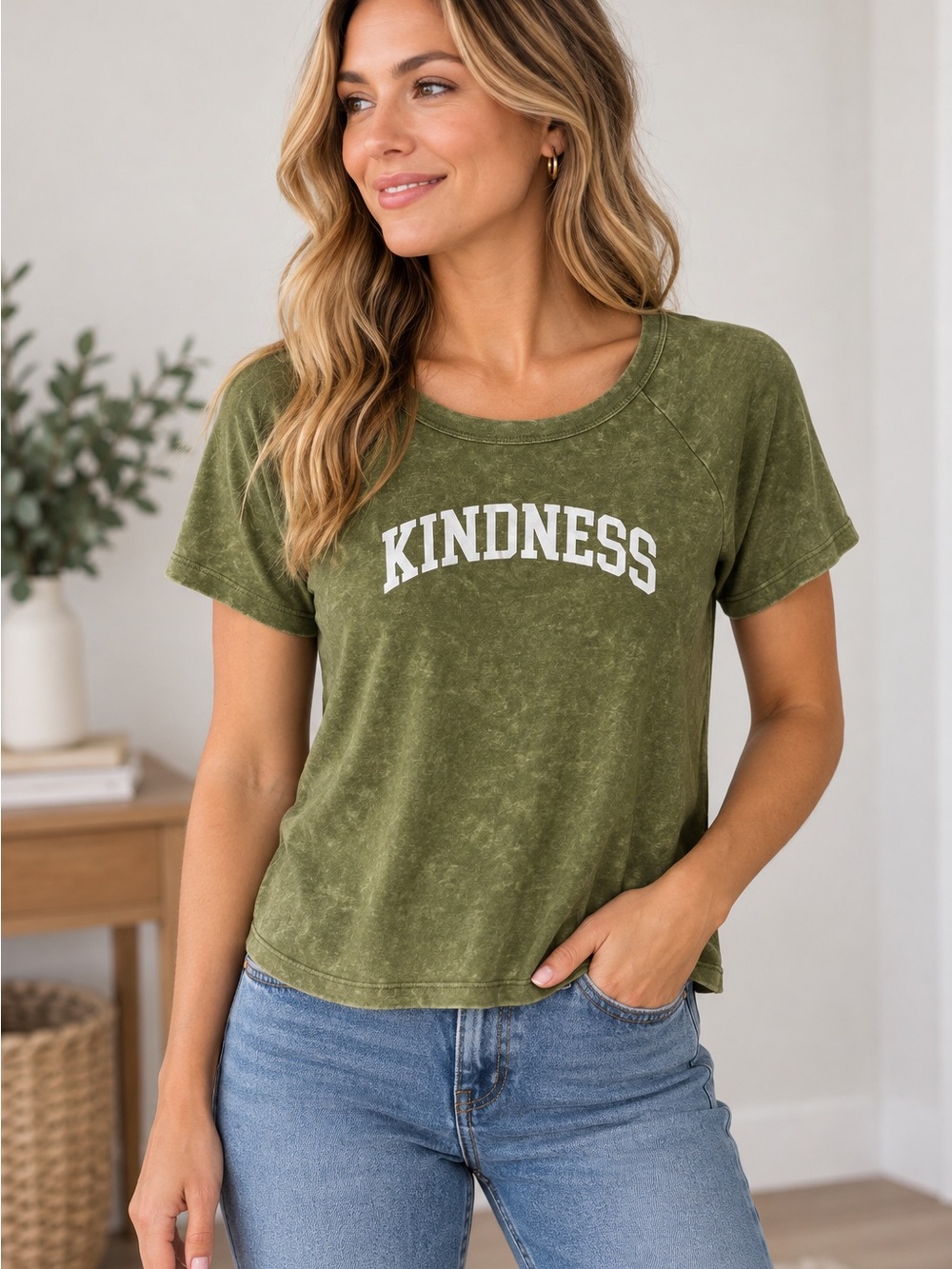 Rebellious One Kindness Graphic Tee Olive Green Mineral Wash Size XL